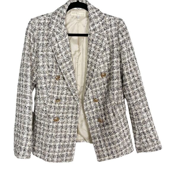 One Third Small S Black White Tweed Blazer Gold Buttons Jacket Cream Career Work - Picture 1 of 9